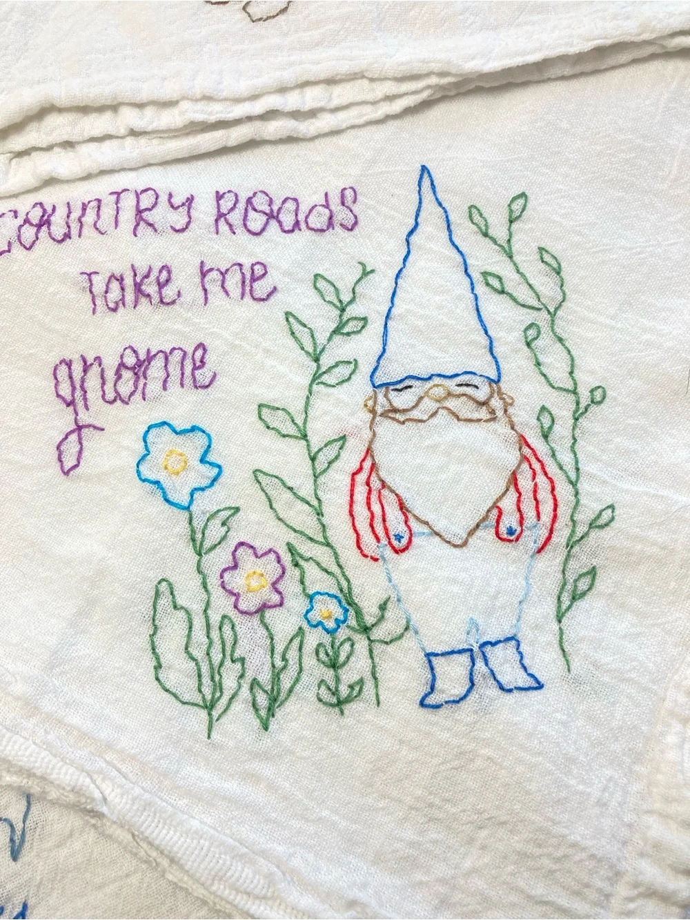 Hand-Embroidered Whimsical Gnome Flour Sack Kitchen Dish Towels - Set of 3